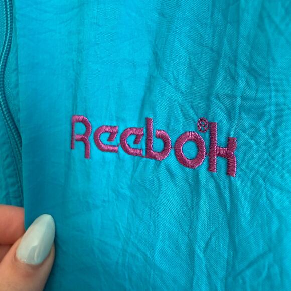 90s Vintage REEBOK | Turquoise Blue Windbreaker Jacket with Packable Hood Medium - Picture 3 of 6